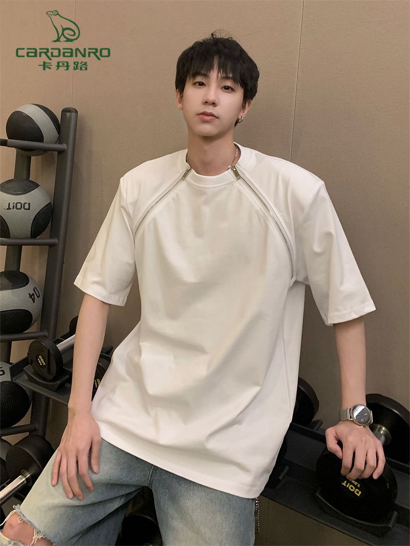 Cardan Road Korean style high-end niche metal zipper design short-sleeved T-shirt men's round neck loose five-and-a-half-sleeved top