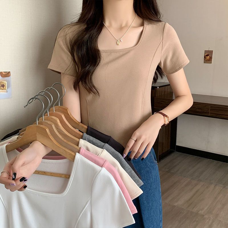 Pure desire irregular hem square collar short-sleeved t-shirt women's shoulders summer new fishbone shirt bottoming top