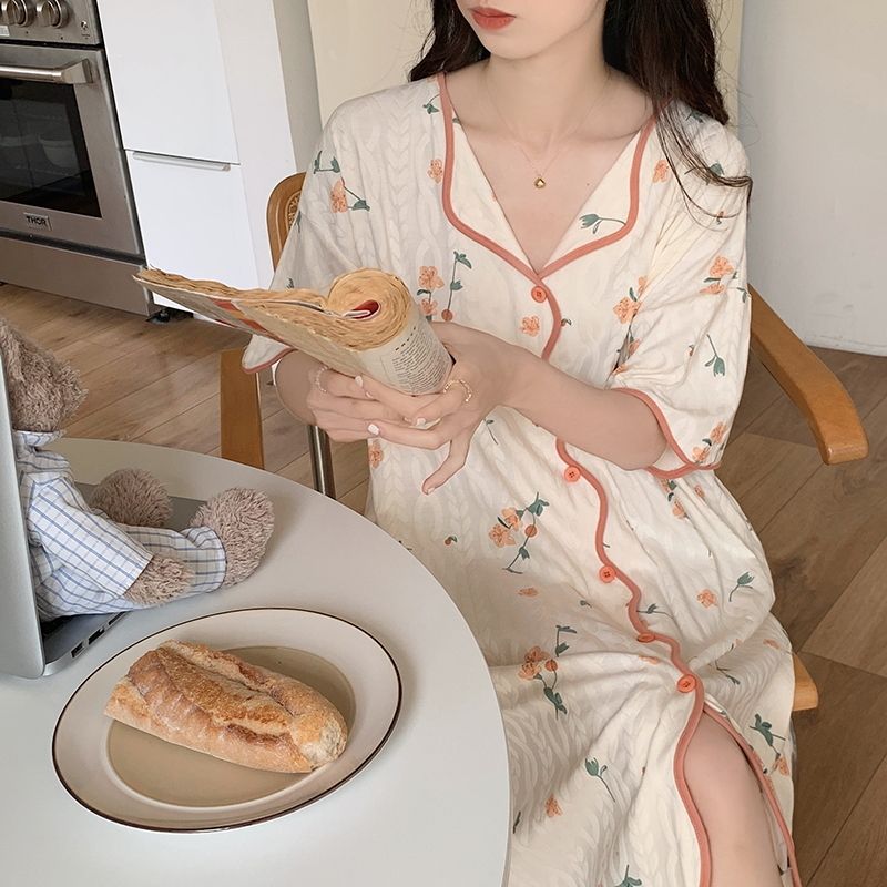 New nightdress women's summer mid-length over-the-knee thin section Korean version loose cardigan pajamas pregnant women home clothes can be worn outside