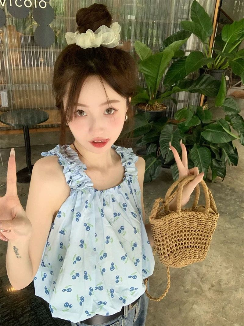 背心襯衫女夏季新款韓版小眾設計感甜美清新印花吊帶顯瘦無袖上衣