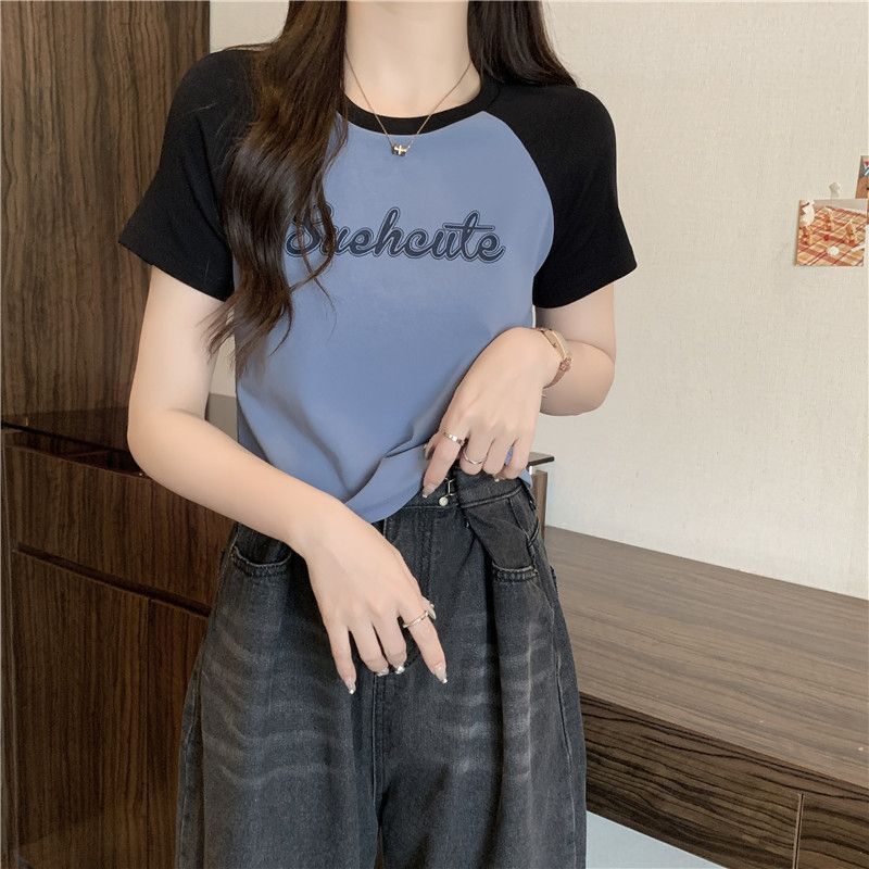 Contrasting color raglan shoulder short-sleeved T-shirt women's summer dress looks thin short half-sleeved bottoming shirt tide brand Hong Kong style chic top