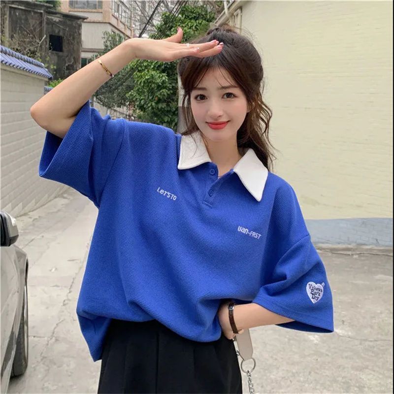 Guochao tide brand short-sleeved T-shirt women's summer new Korean version Polo collar fashion ins all-match pullover casual top tide