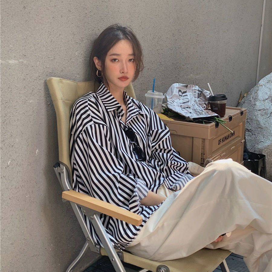 Grigio Korean striped long-sleeved shirt for women, thin summer design, niche loose sun protection shirt