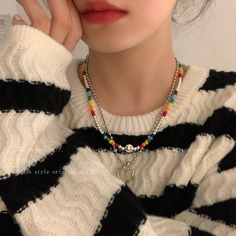Smiling face love necklace women's ins trendy hip-hop double layer stacked sweatshirt chain men's acrylic color beaded clavicle chain