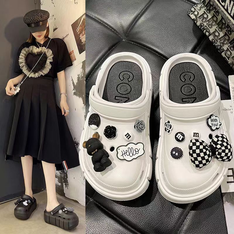 Croc Shoes Women's Summer Fashion Outerwear Thick Sole Anti-Slip 2023 New Versatile Heightening Baotou Two-Wear Beach Sandals