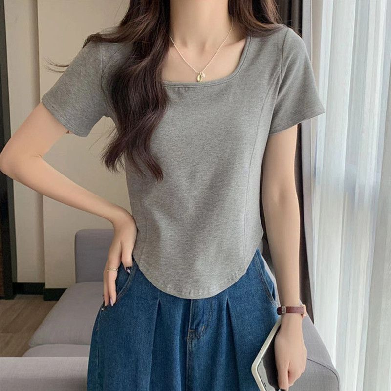 Hem curved u-neck front shoulder short-sleeved t-shirt women's summer pure desire sweet and spicy style small short top with high waist pants