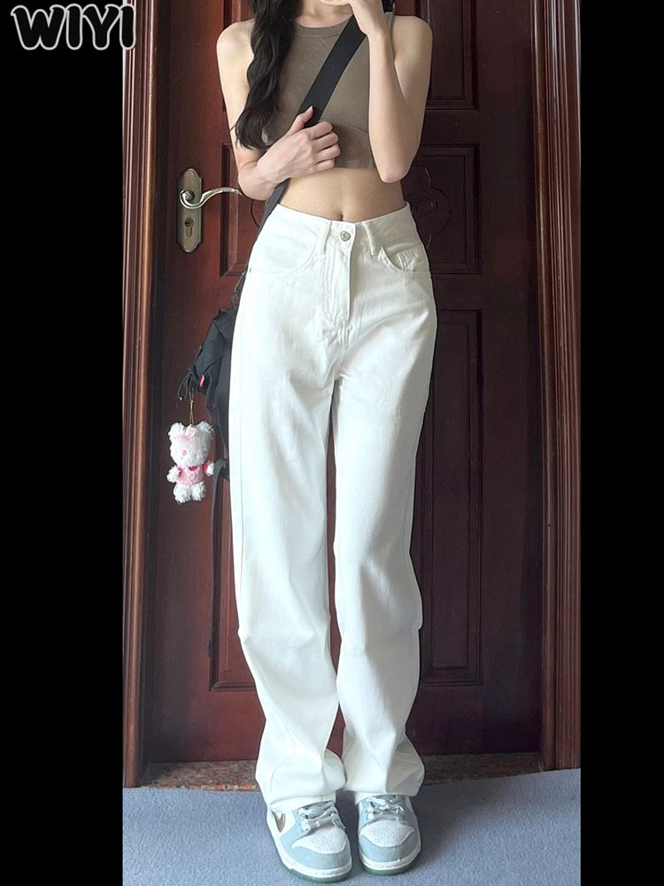 WIYI 米白色高腰闊腿牛仔褲女夏季新款小個子寬鬆直筒拖地褲薄款