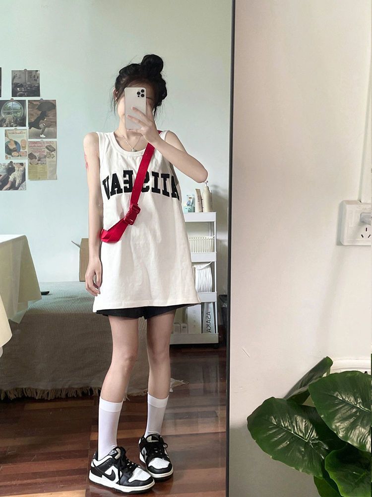 American retro sports camisole women's summer outerwear loose ins trendy white sleeveless T-shirt basketball clothing top