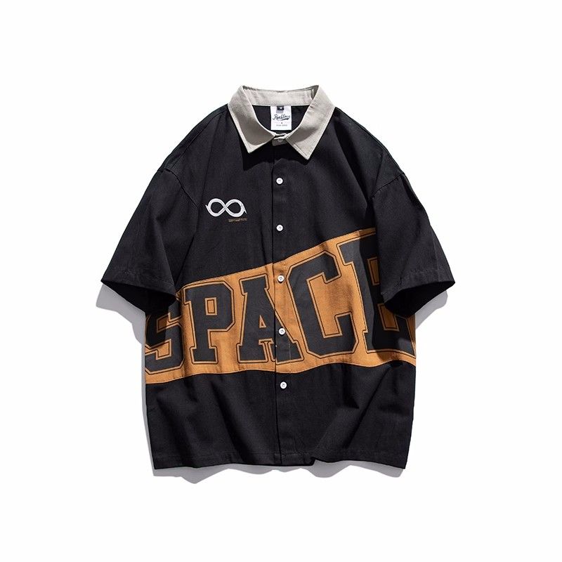 American trendy brand hip-hop printed shirt loose short-sleeved Japanese retro motorcycle suit half-sleeved neutral wind shirt jacket