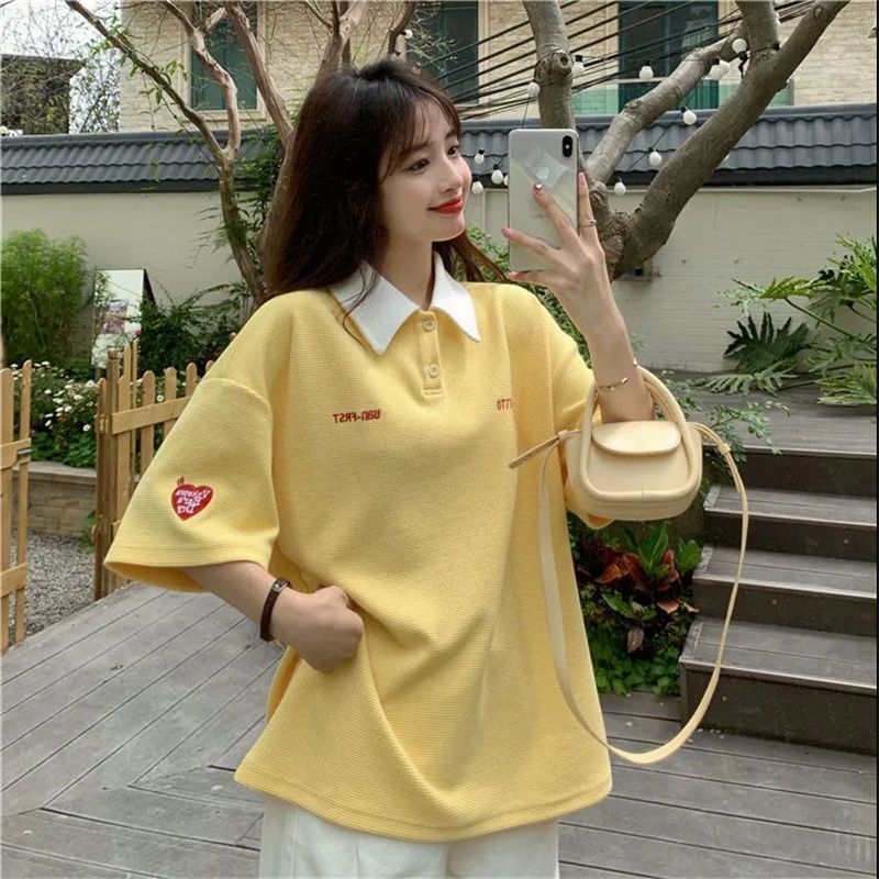 Guochao tide brand short-sleeved T-shirt women's summer new Korean version Polo collar fashion ins all-match pullover casual top tide