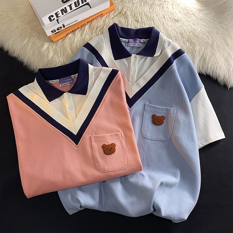 Polo collar short-sleeved t-shirt women's summer new college style loose niche fake two-piece splicing design top ins tide