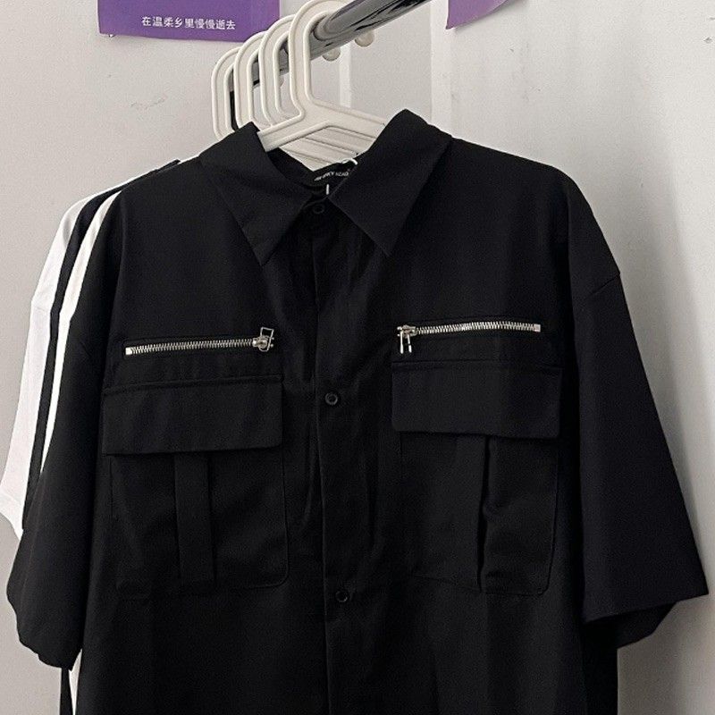 Hong Kong style Japanese tooling short-sleeved shirt boys summer American niche loose casual high street trendy brand shirt jacket