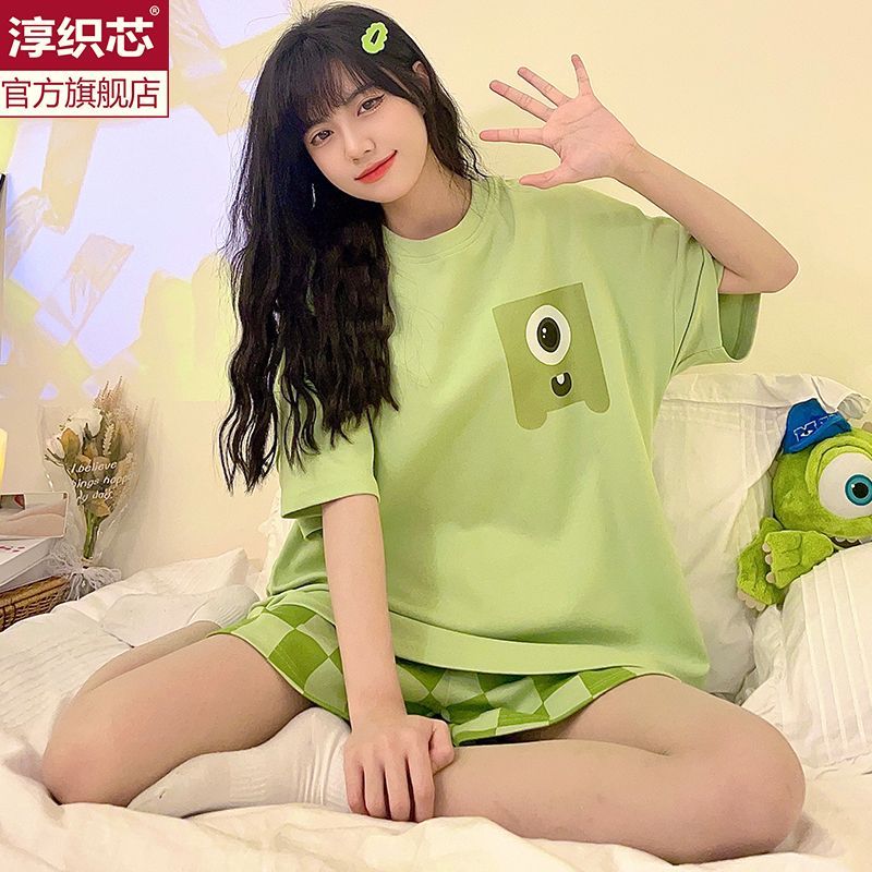 網紅ins風睡衣女夏季卡通綠色獨眼怪短袖短褲套裝女士薄款家居服