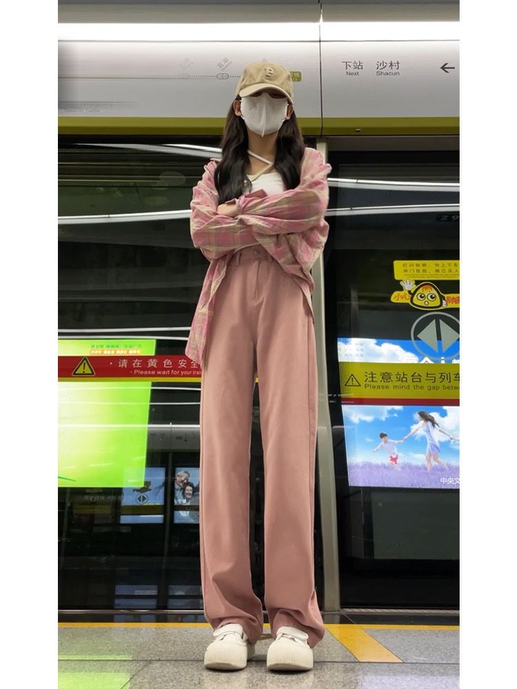 YSYOURS髒粉色闊腿牛仔褲女春夏寬鬆顯瘦大碼垂感高腰直筒拖地褲