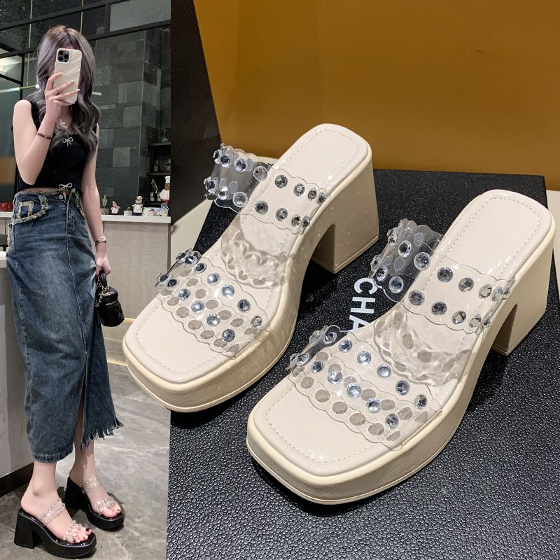 涼鞋女2023新款夏小眾設計感仙女風粗跟涼拖鞋外穿水鑽透明高跟鞋