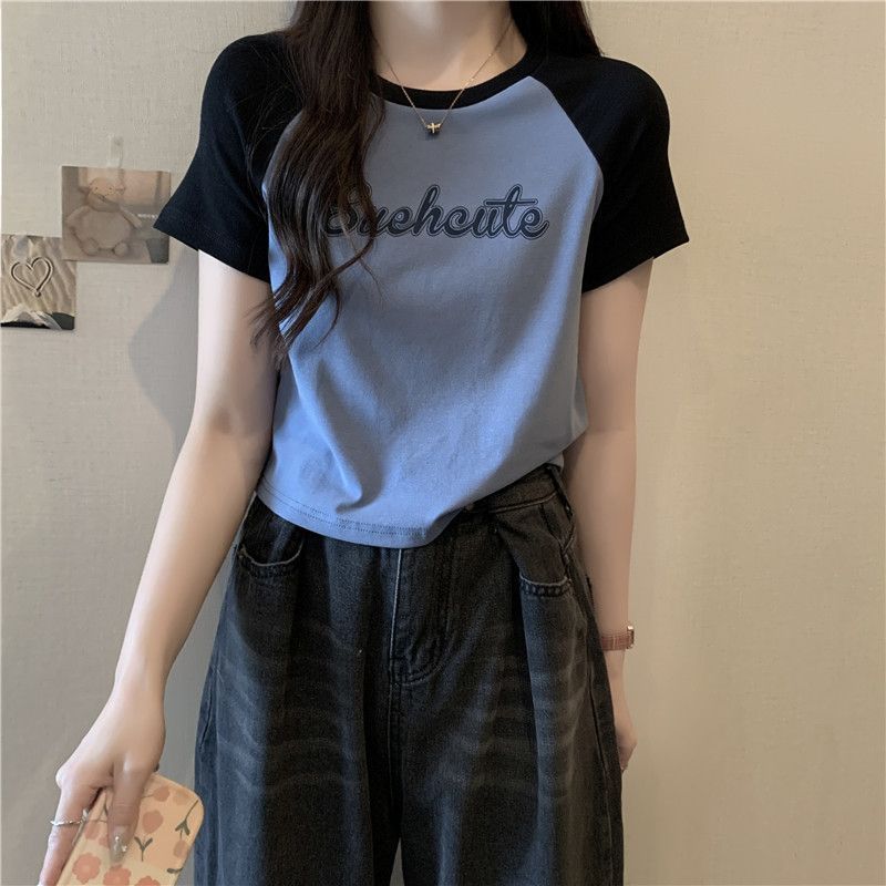 Contrasting color raglan shoulder short-sleeved T-shirt women's summer dress looks thin short half-sleeved bottoming shirt tide brand Hong Kong style chic top