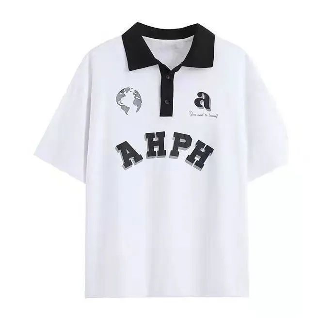 American retro t-shirt polo shirt short-sleeved  summer new college style men's and women's half-sleeved top clothes ins tide