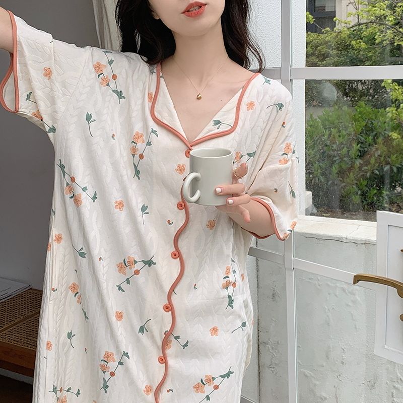 New nightdress women's summer mid-length over-the-knee thin section Korean version loose cardigan pajamas pregnant women home clothes can be worn outside