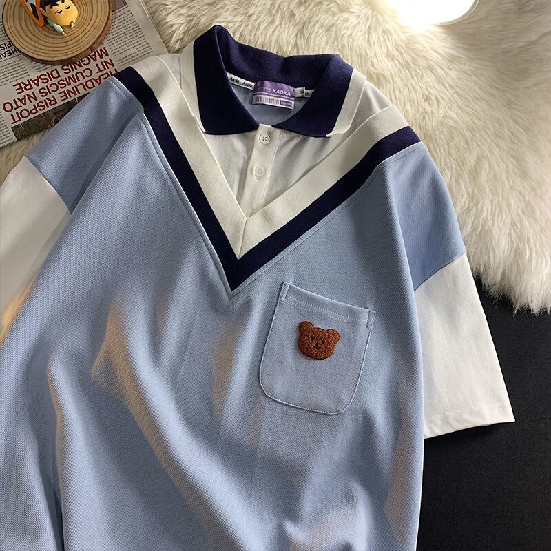 Polo collar short-sleeved t-shirt women's summer new college style loose niche fake two-piece splicing design top ins tide