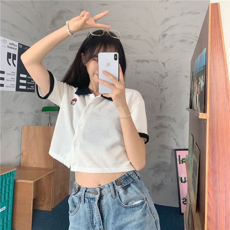 Student polo collar short-sleeved t-shirt women's summer  new Korean version of the contrast color printing short section wild top ins tide