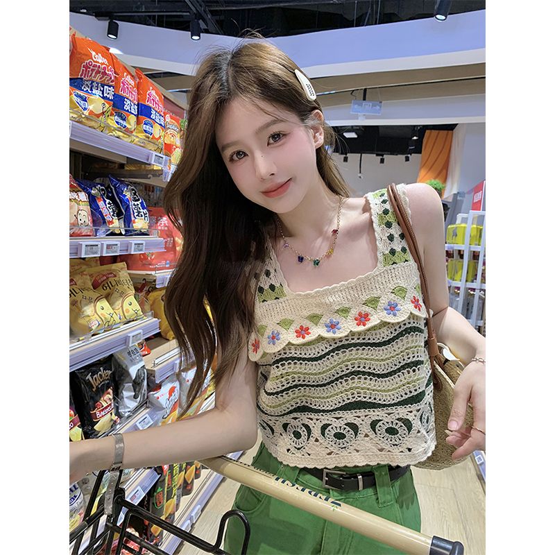 Square collar hollow knitted camisole women's summer 2023 new sweet design slim striped chic top