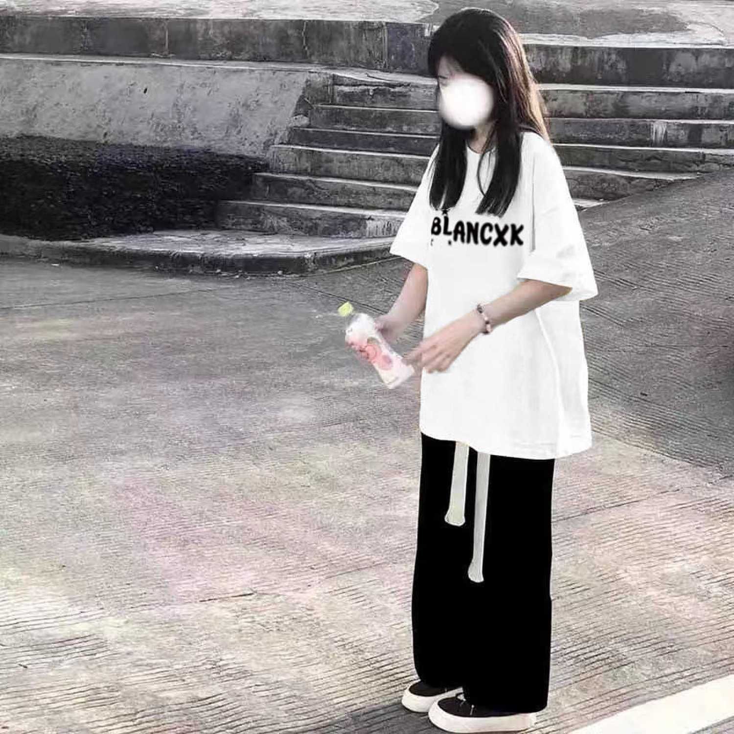 2023夏季套裝女學生韓版寬鬆慵懶風短袖T恤直筒闊腿褲兩件套潮ins