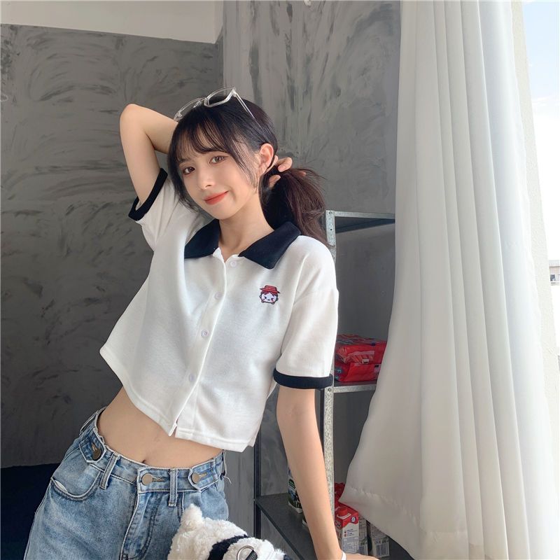 Student polo collar short-sleeved t-shirt women's summer  new Korean version of the contrast color printing short section wild top ins tide