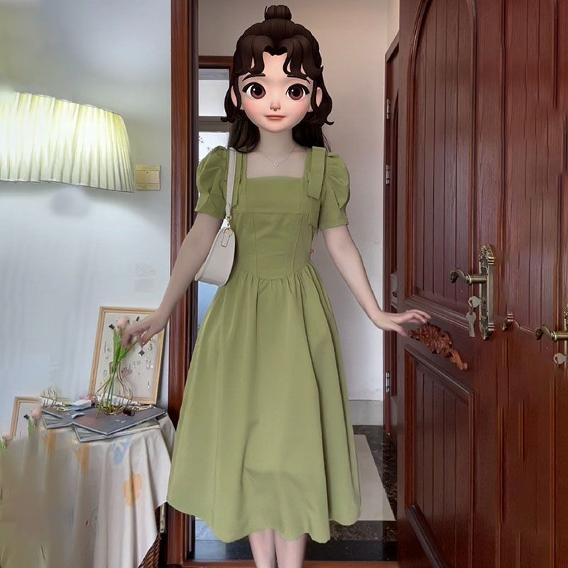法式氣質減齡時尚方口領綠色連衣裙女學生夏季韓版收腰顯瘦a字裙