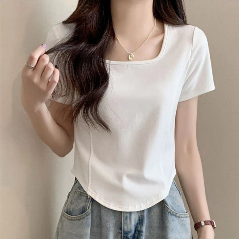 Front shoulder white t-shirt women's sweet and spicy square collar short-sleeved slim-fit 2023 summer new style foreign style age-reducing fishbone short shirt