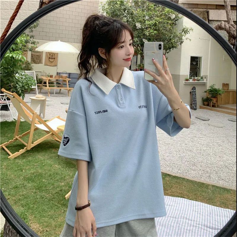 Guochao tide brand short-sleeved T-shirt women's summer new Korean version Polo collar fashion ins all-match pullover casual top tide