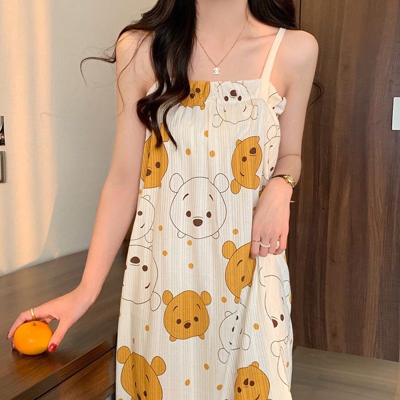 Suspender nightdress female summer thin section ins style sweet sexy lady Korean bear home clothes pajamas dress