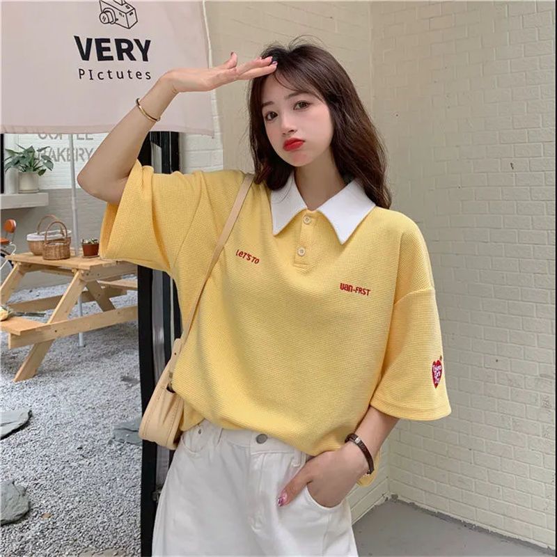 Guochao tide brand short-sleeved T-shirt women's summer new Korean version Polo collar fashion ins all-match pullover casual top tide