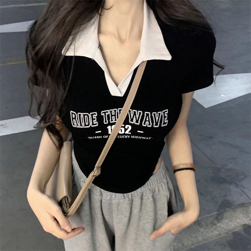 Short sweet college style POLO collar irregular printing short-sleeved T-shirt women's summer new slim top tide