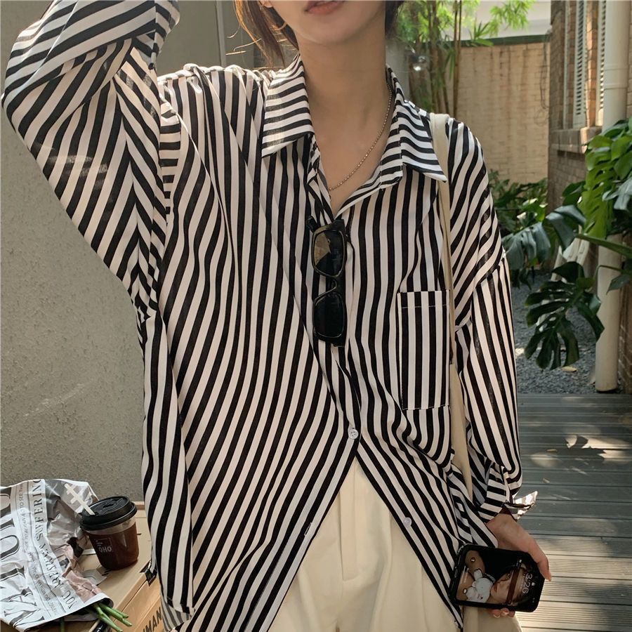 Grigio Korean striped long-sleeved shirt for women, thin summer design, niche loose sun protection shirt