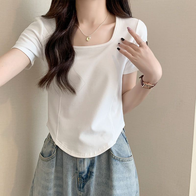 Short square collar short-sleeved t-shirt women's 2023 summer new design sense niche positive shoulder pure desire hot girl fish bone top