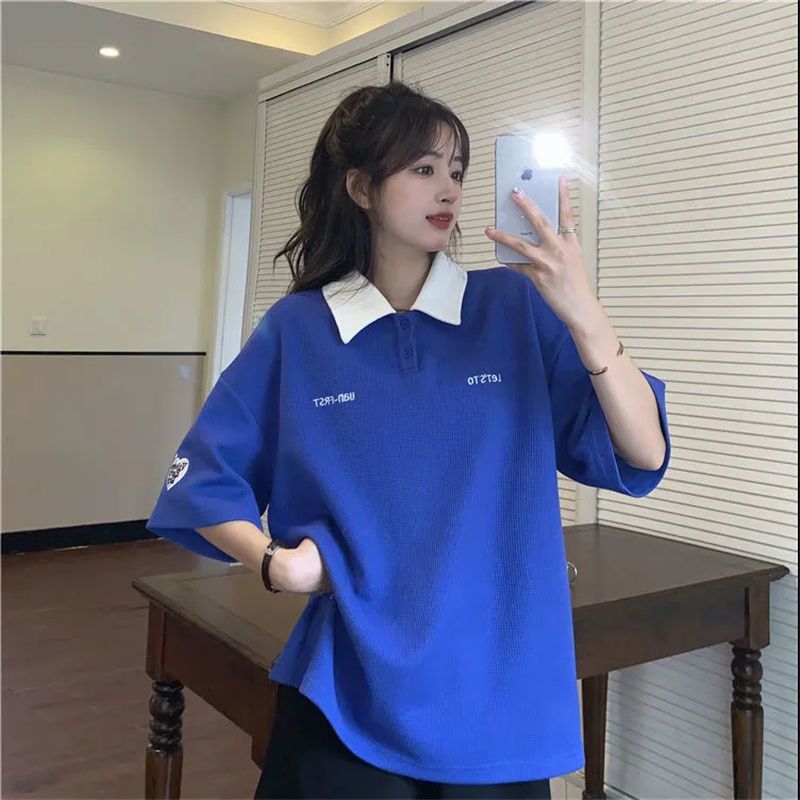 Guochao tide brand short-sleeved T-shirt women's summer new Korean version Polo collar fashion ins all-match pullover casual top tide