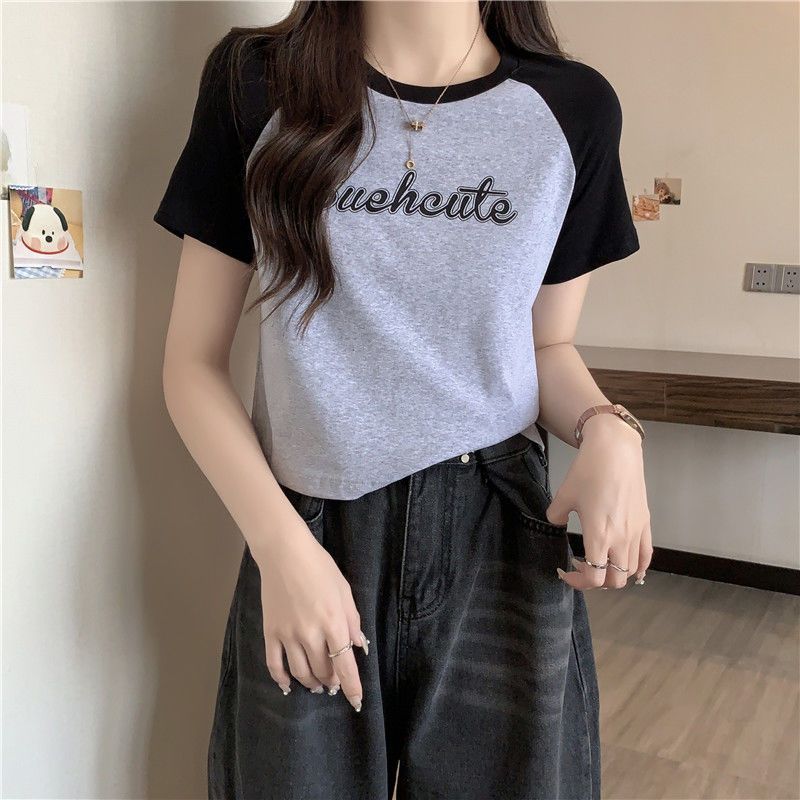 Contrasting color raglan shoulder short-sleeved T-shirt women's summer dress looks thin short half-sleeved bottoming shirt tide brand Hong Kong style chic top