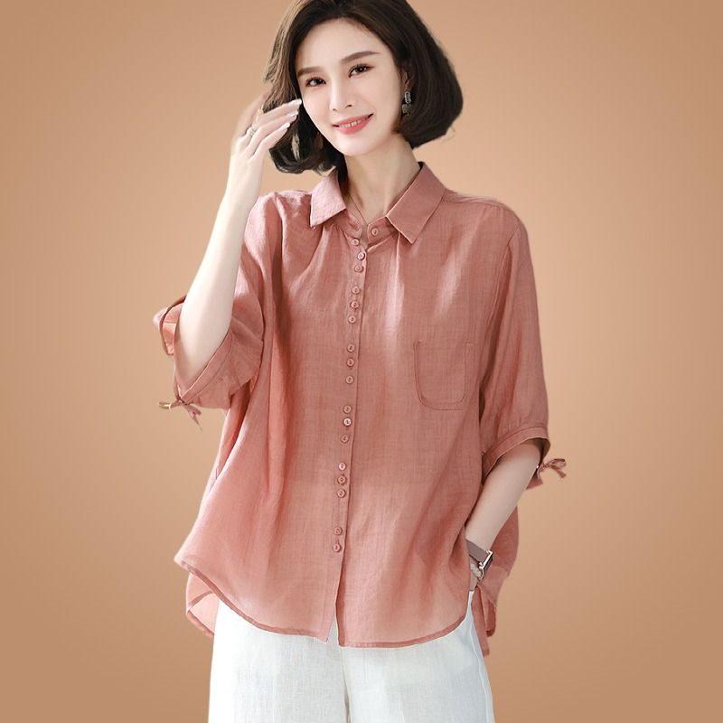 Cotton and linen shirt women's spring and summer new 2023 loose large size age-reducing casual short-sleeved shirt ramie ladies top thin