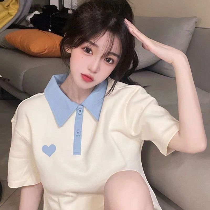 Summer Japanese soft girl cute and careful machine lapel polo collar top female loose all-match short-sleeved student short top