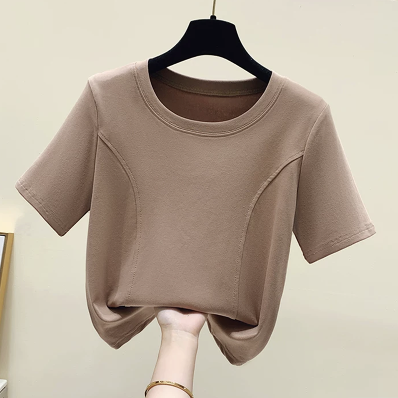 Fat mm front shoulder tops cover the meat short-sleeved t-shirt women's large size women's summer clothes cover the belly fish bones all-match self-cultivation slightly fat