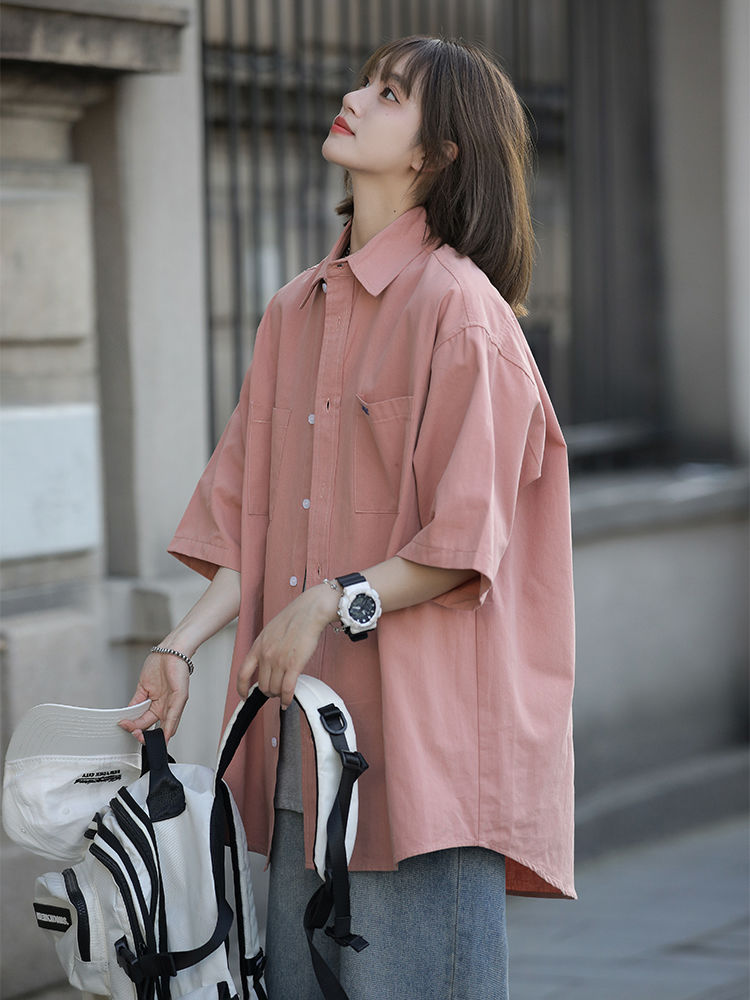 粉色工装衬衫女学生百搭日系短袖衬衣高级设计感小众韩系宽松外套
