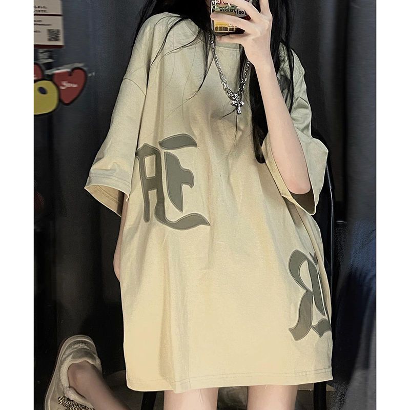 Summer bf style short-sleeved t-shirt female American retro design sense oversize letters loose couple top tide ins