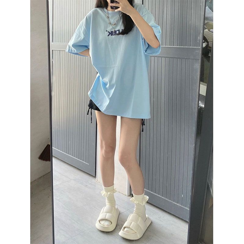 WM Nameless Apparel Sweet Milk Blue Short Korean Printed T-Shirt Female Summer Student Loose Versatile Letter Top