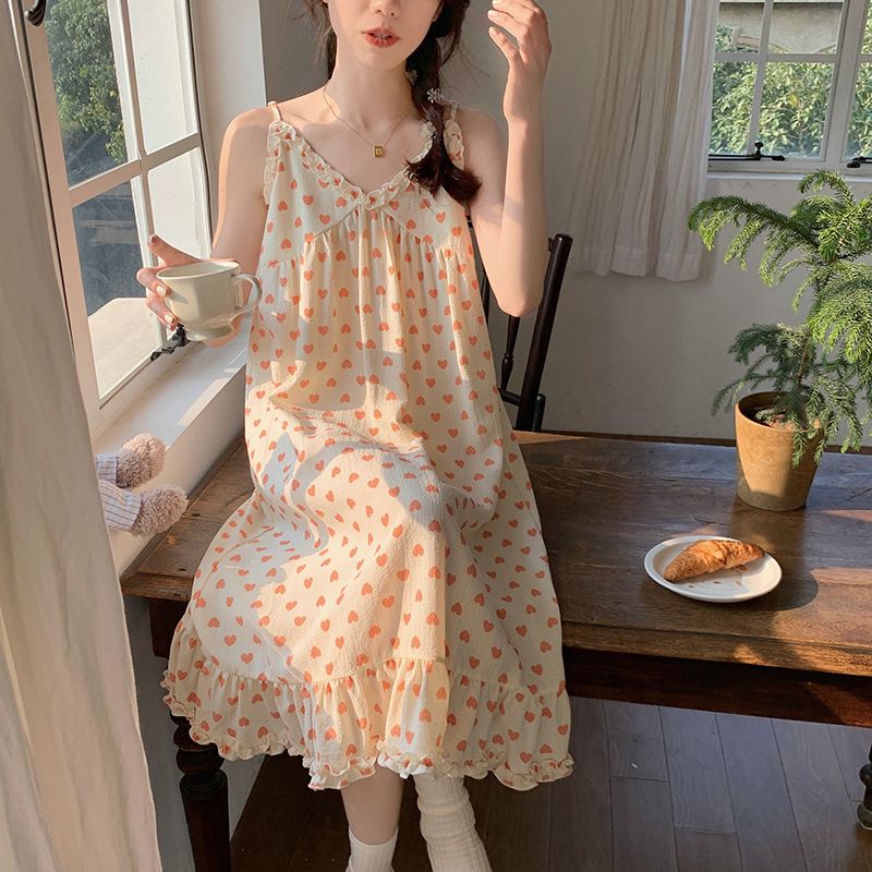 Sling nightdress women's summer pajamas mid-length skirt Japanese sweet and cute summer wave dot sleeveless princess style home service