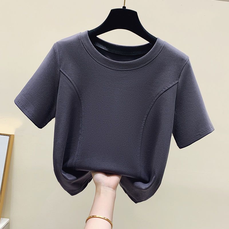 Slim fit t-shirt women's short-sleeved fat sister top summer dress shoulders cover belly slightly fat ins style thin fish bone net red hot style