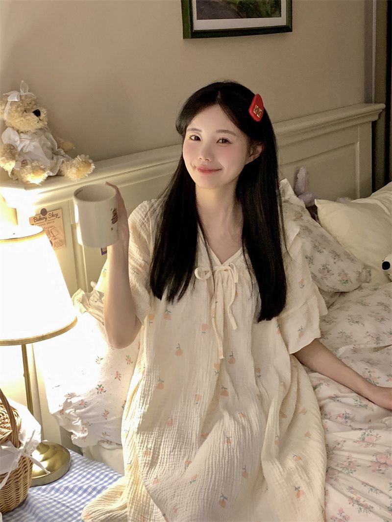 New nightdress female summer comfortable thin section baby cotton feeling summer ins style sweet short-sleeved student pajamas skirt