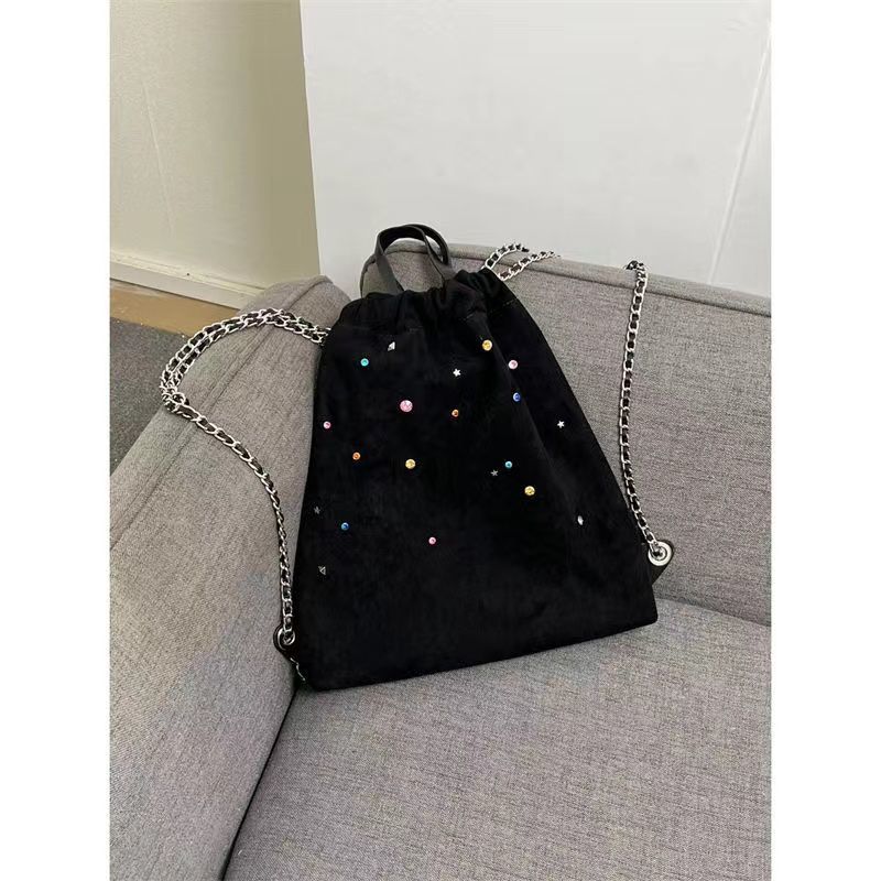 韓國小眾女包袋磨砂絨拼接彩色寶石鏈條雙肩包抽繩手提背包