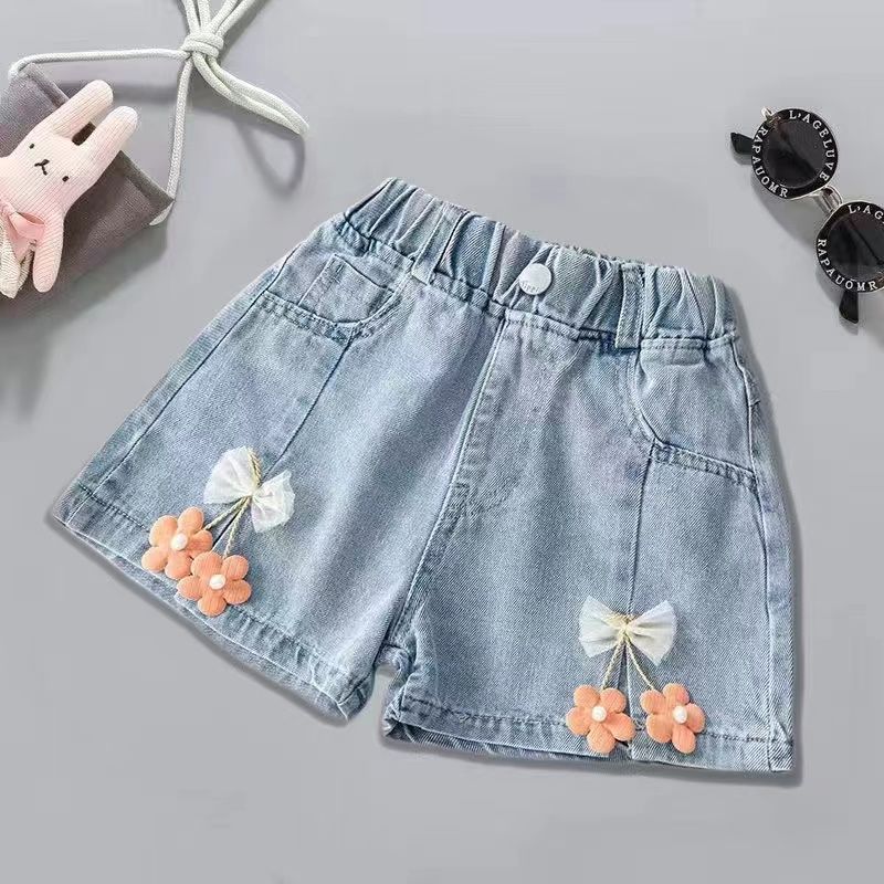 Middle and primary school girls' hot pants, thin summer denim shorts, princess-style high-waisted casual shorts for outer wear