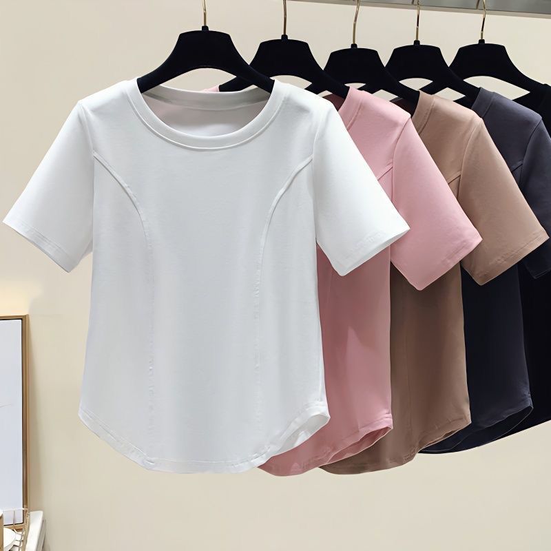 Slim fit t-shirt women's short-sleeved fat sister tops summer dress shoulders cover belly slightly fat ins style thin fish bone net red new style