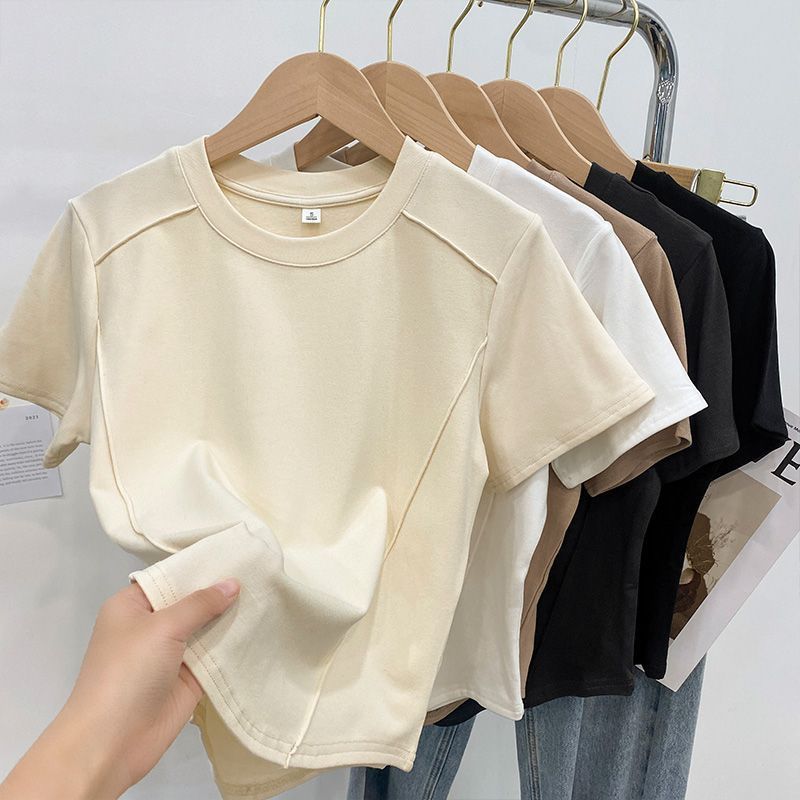 High elastic cotton round neck short-sleeved slim t-shirt women 2023 summer short tops age-reducing fishbone short front shoulder small shirt women
